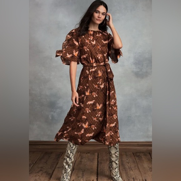 Happy Nature by Kate Hudson Brown Floral & Crane Women's Midi Dress Size Small - Picture 1 of 7